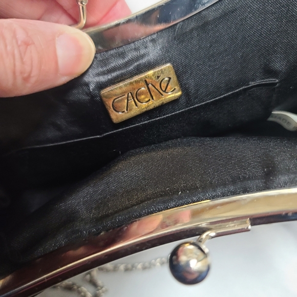 Cache vintage black bowtie black sateen and rhinestone Silver Chain clutch purse - Picture 2 of 9